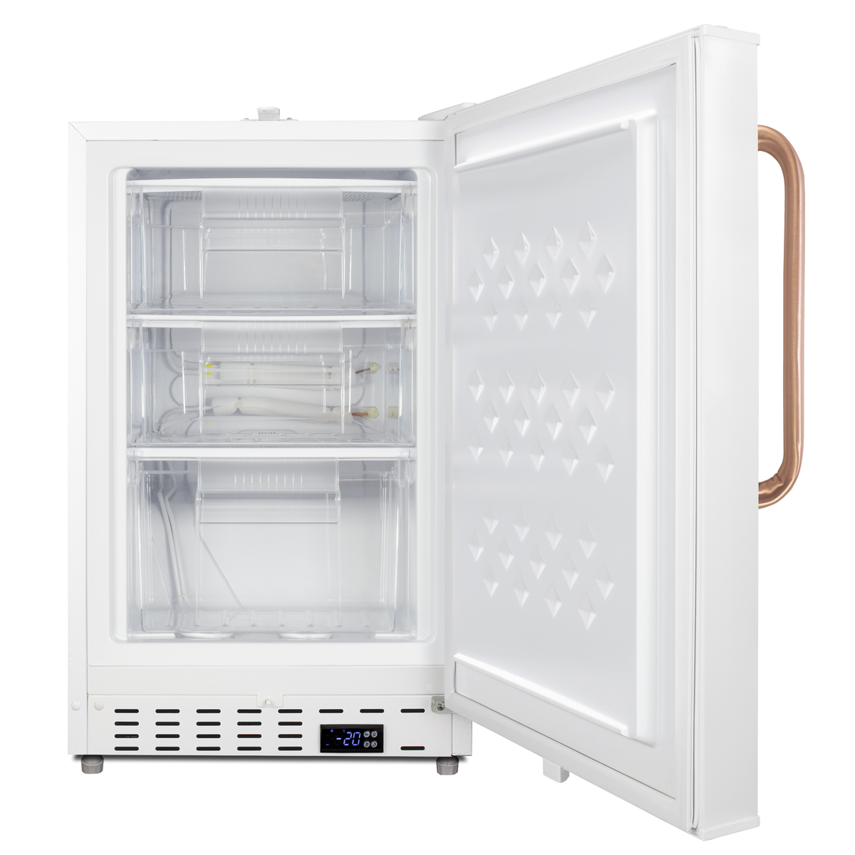 Built-in undercounter -25 C ADA compliant all-freezer in white with lock, pure copper towel bar handle, digital controls, interior baskets, hospital cord with 'green dot' plug, factory installed access port, and manual defrost operation